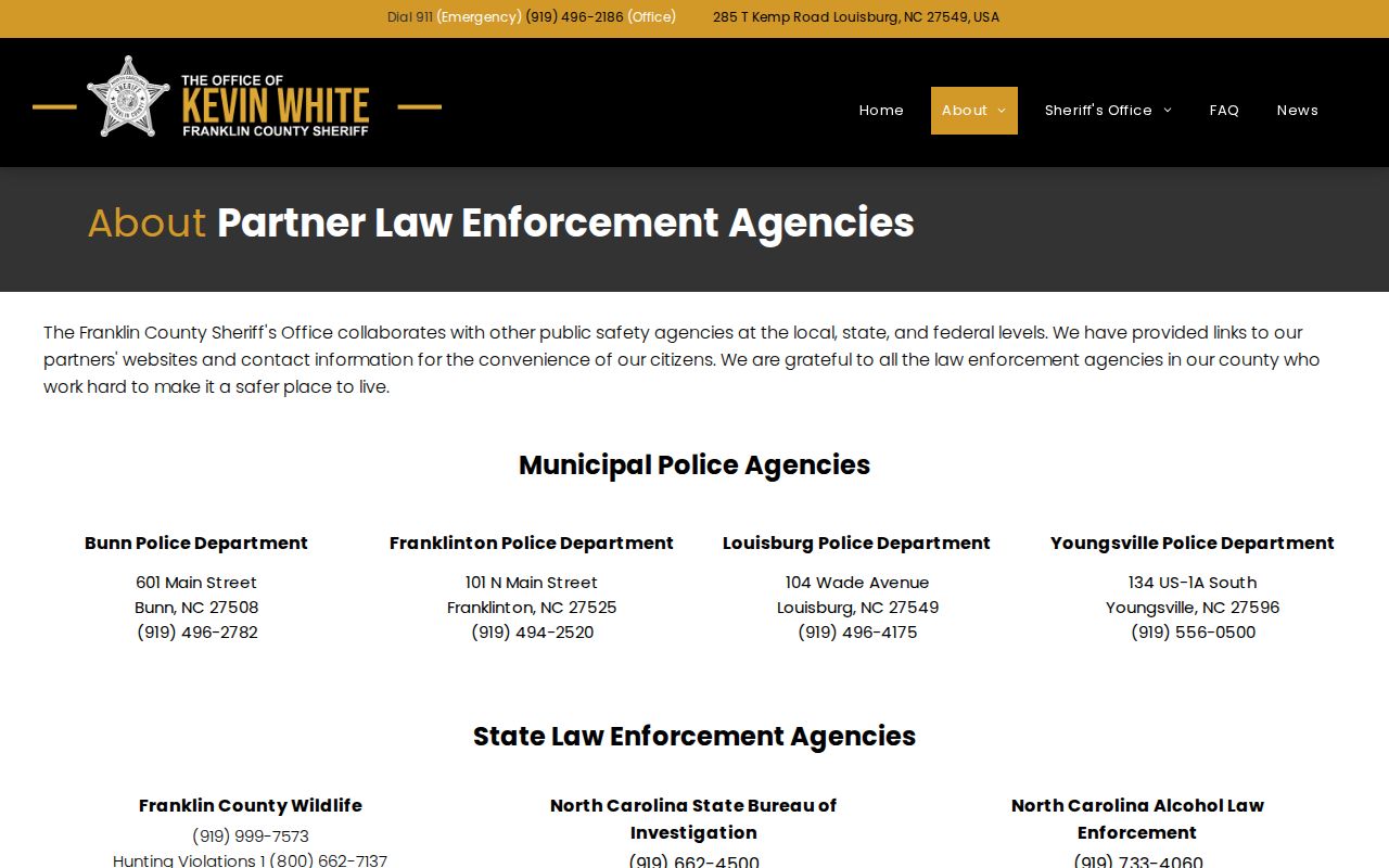 Official Franklin County law-enforcement agencies page with Franklinton Police Department contact