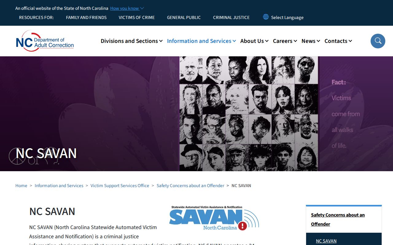 Official NC SAVAN custody notification landing page