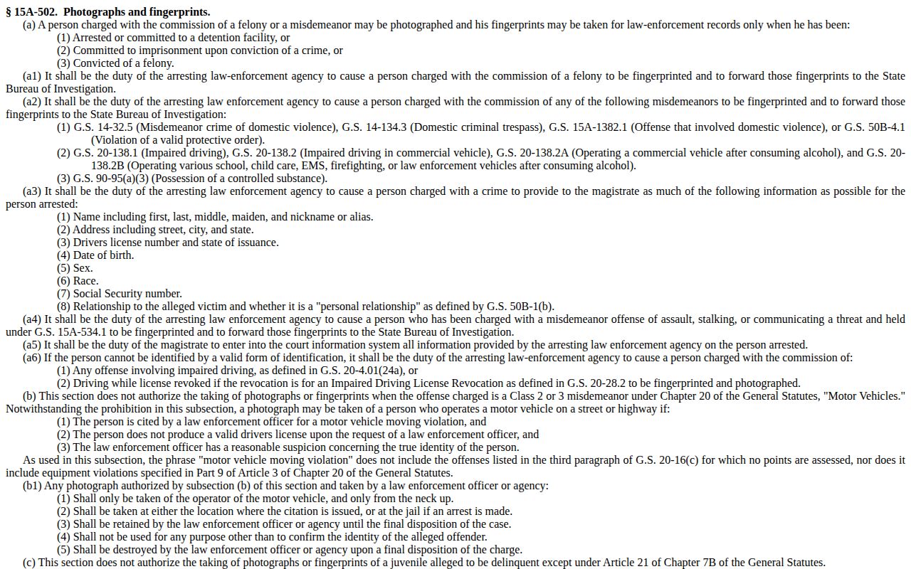 North Carolina statute page addressing fingerprints and photographs after specified charges